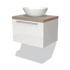 Modulo Plato Badkamermeubel Voor Waskom | 60 Cm Hoogglans Wit Vlak Front Eiken Blad 1 Lade