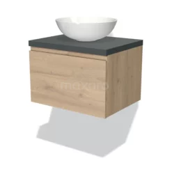 Modulo Plato Badkamermeubel Voor Waskom | 60 Cm Lichtbruin Eiken Greeploos Front Donkergrijs Blad 1 Lade