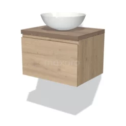 Modulo Plato Badkamermeubel Voor Waskom | 60 Cm Lichtbruin Eiken Greeploos Front Middenbruin Eiken Blad 1 Lade