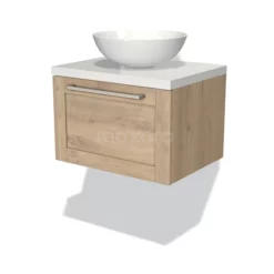 Modulo Plato Badkamermeubel Voor Waskom | 60 Cm Lichtbruin Eiken Kader Front Hoogglans Wit Blad 1 Lade