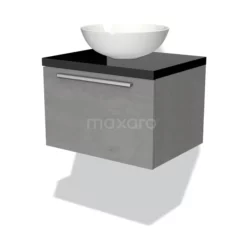 Modulo Plato Badkamermeubel Voor Waskom | 60 Cm Lichtgrijs Beton Vlak Front Hoogglans Zwart Blad 1 Lade