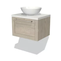 Modulo Plato Badkamermeubel Voor Waskom | 60 Cm Lichtgrijs Eiken Kader Front Hoogglans Wit Blad 1 Lade