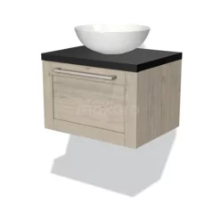 Modulo Plato Badkamermeubel Voor Waskom | 60 Cm Lichtgrijs Eiken Kader Front Mat Zwart Blad 1 Lade