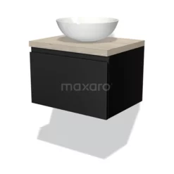 Modulo Plato Badkamermeubel Voor Waskom | 60 Cm Mat Zwart Greeploos Front Lichtgrijs Eiken Blad 1 Lade