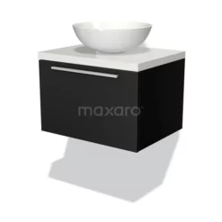 Modulo Plato Badkamermeubel Voor Waskom | 60 Cm Mat Zwart Vlak Front Hoogglans Wit Blad 1 Lade