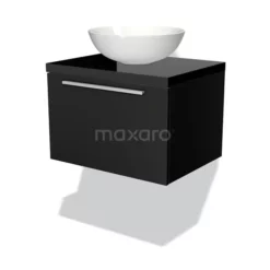 Modulo Plato Badkamermeubel Voor Waskom | 60 Cm Mat Zwart Vlak Front Hoogglans Zwart Blad 1 Lade