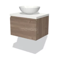 Modulo Plato Badkamermeubel Voor Waskom | 60 Cm Middenbruin Eiken Greeploos Front Mat Wit Blad 1 Lade