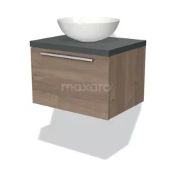 Modulo Plato Badkamermeubel Voor Waskom | 60 Cm Middenbruin Eiken Vlak Front Donkergrijs Blad 1 Lade