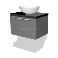 Modulo Plato Badkamermeubel Voor Waskom | 60 Cm Middengrijs Vlak Front Hoogglans Zwart Blad 1 Lade