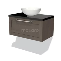 Modulo Plato Badkamermeubel Voor Waskom | 80 Cm Donkerbruin Eiken Kader Front Hoogglans Zwart Blad 1 Lade