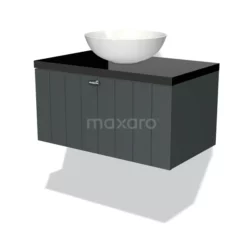 Modulo Plato Badkamermeubel Voor Waskom | 80 Cm Donkergrijs Lamel Front Hoogglans Zwart Blad 1 Lade