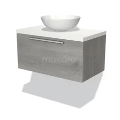 Modulo Plato Badkamermeubel Voor Waskom | 80 Cm Grijs Eiken Vlak Front Mat Wit Blad 1 Lade