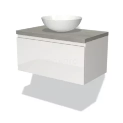 Modulo Plato Badkamermeubel Voor Waskom | 80 Cm Hoogglans Wit Greeploos Front Grijs Eiken Blad 1 Lade