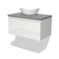 Modulo Plato Badkamermeubel Voor Waskom | 80 Cm Hoogglans Wit Greeploos Front Lichtgrijs Beton Blad 1 Lade