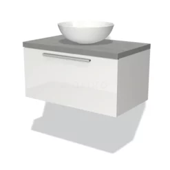 Modulo Plato Badkamermeubel Voor Waskom | 80 Cm Hoogglans Wit Vlak Front Lichtgrijs Beton Blad 1 Lade