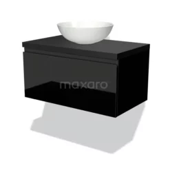 Modulo Plato Badkamermeubel Voor Waskom | 80 Cm Hoogglans Zwart Greeploos Front Mat Zwart Blad 1 Lade