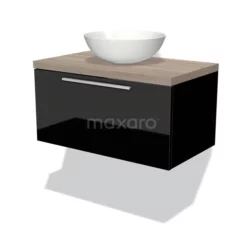 Modulo Plato Badkamermeubel Voor Waskom | 80 Cm Hoogglans Zwart Vlak Front Eiken Blad 1 Lade