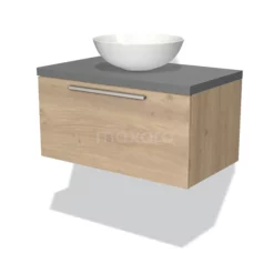 Modulo Plato Badkamermeubel Voor Waskom | 80 Cm Lichtbruin Eiken Vlak Front Middengrijs Blad 1 Lade