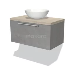 Modulo Plato Badkamermeubel Voor Waskom | 80 Cm Lichtgrijs Beton Vlak Front Lichtgrijs Eiken Blad 1 Lade