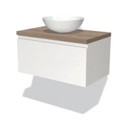 Modulo Plato Badkamermeubel Voor Waskom | 80 Cm Mat Wit Greeploos Front Middenbruin Eiken Blad 1 Lade