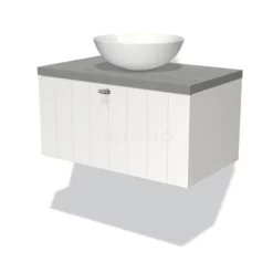 Modulo Plato Badkamermeubel Voor Waskom | 80 Cm Mat Wit Lamel Front Lichtgrijs Beton Blad 1 Lade