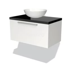 Modulo Plato Badkamermeubel Voor Waskom | 80 Cm Mat Wit Vlak Front Hoogglans Zwart Blad 1 Lade