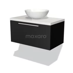 Modulo Plato Badkamermeubel Voor Waskom | 80 Cm Mat Zwart Vlak Front Hoogglans Wit Blad 1 Lade