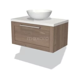 Modulo Plato Badkamermeubel Voor Waskom | 80 Cm Middenbruin Eiken Kader Front Hoogglans Wit Blad 1 Lade