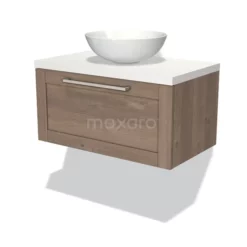 Modulo Plato Badkamermeubel Voor Waskom | 80 Cm Middenbruin Eiken Kader Front Mat Wit Blad 1 Lade