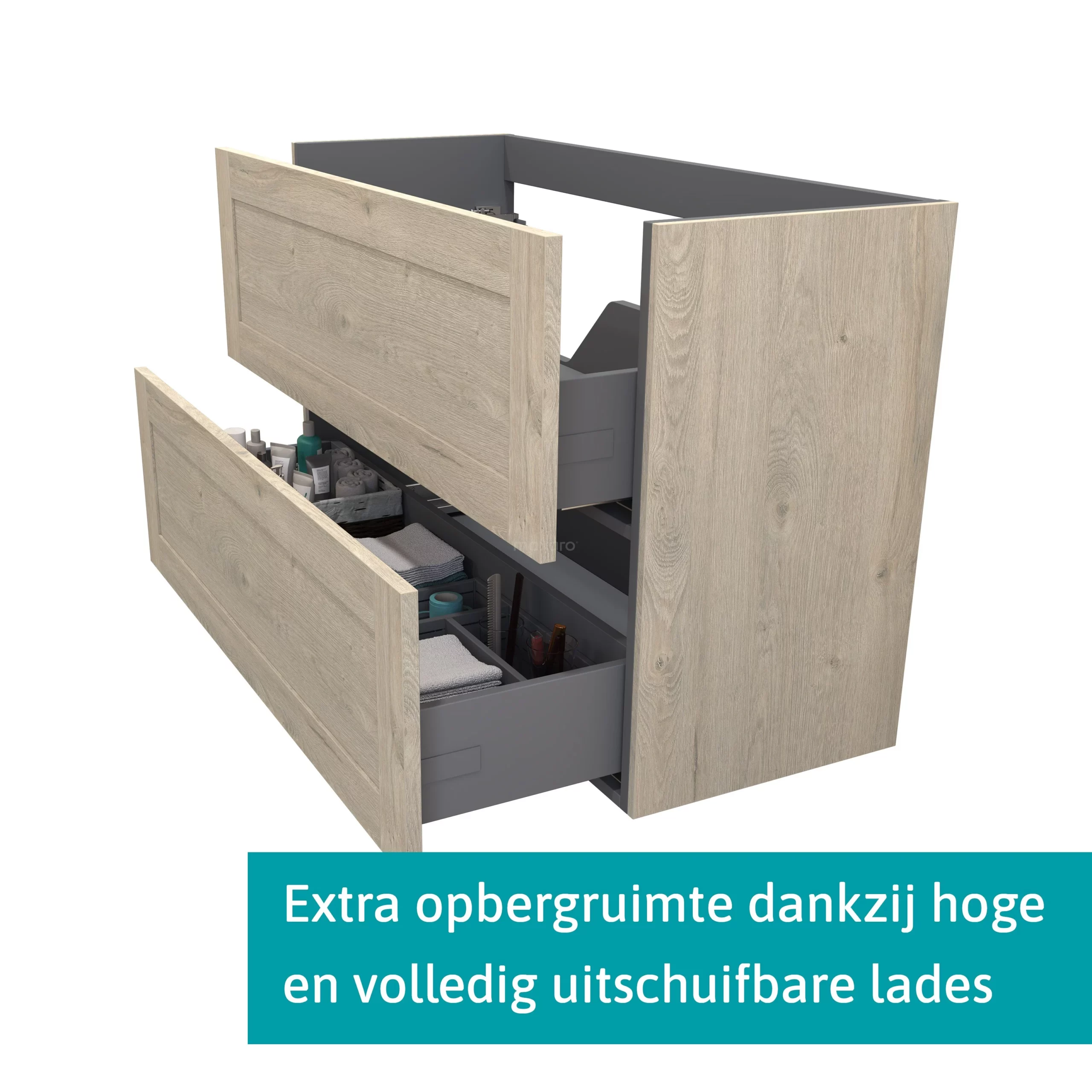 Modulo Plato Slim Badkamermeubel Voor Waskom | 100 Cm Lichtgrijs Eiken Kader Front Lichtgrijs Eiken Blad 2 Lades Onder Elkaar 2 Modulo Plato Slim Badkamermeubel Voor Waskom | 100 Cm Lichtgrijs Eiken Kader Front Lichtgrijs Eiken Blad 2 Lades Onder Elkaar - Afbeelding 2
