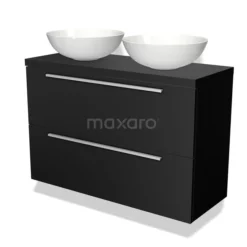 Modulo Plato Slim Badkamermeubel Voor Waskom | 100 Cm Mat Zwart Vlak Front Mat Zwart Blad 2 Lades Onder Elkaar