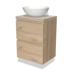 Modulo Plato Slim Badkamermeubel Voor Waskom | 50 Cm Lichtbruin Eiken Greeploos Front Lichtgrijs Eiken Blad 2 Lades Onder Elkaar