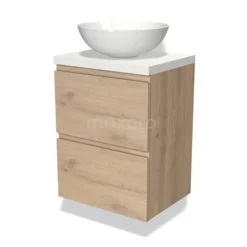 Modulo Plato Slim Badkamermeubel Voor Waskom | 50 Cm Lichtbruin Eiken Greeploos Front Mat Wit Blad 2 Lades Onder Elkaar