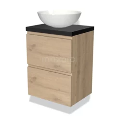 Modulo Plato Slim Badkamermeubel Voor Waskom | 50 Cm Lichtbruin Eiken Greeploos Front Mat Zwart Blad 2 Lades Onder Elkaar