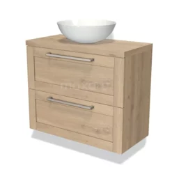 Modulo Plato Slim Badkamermeubel Voor Waskom | 80 Cm Lichtbruin Eiken Kader Front Lichtbruin Eiken Blad 2 Lades Onder Elkaar