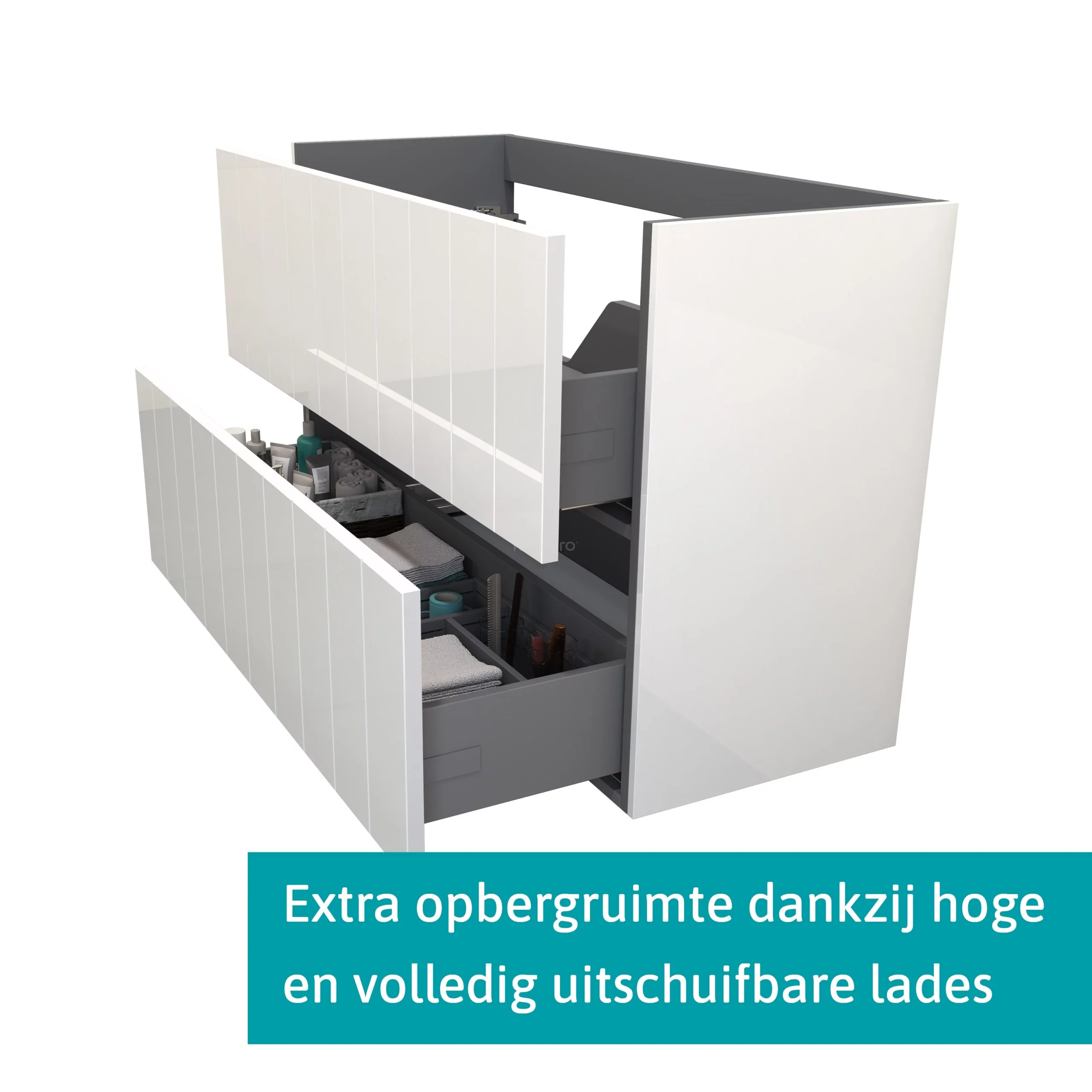 Modulo Slim Badkamermeubel Met Wastafel | 100 Cm Hoogglans Wit Lamel Front Keramiek 2 Lades Onder Elkaar 2 Modulo Slim Badkamermeubel Met Wastafel | 100 Cm Hoogglans Wit Lamel Front Keramiek 2 Lades Onder Elkaar - Afbeelding 2