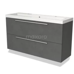 Modulo Slim Badkamermeubel Met Wastafel | 120 Cm Donkergrijs Beton Vlak Front Mineraalmarmer 2 Lades Onder Elkaar