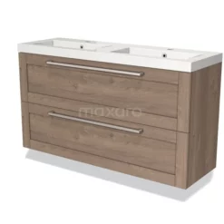 Modulo Slim Badkamermeubel Met Wastafel | 120 Cm Middenbruin Eiken Kader Front Mineraalmarmer 2 Lades Onder Elkaar