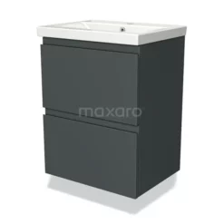 Modulo Slim Badkamermeubel Met Wastafel | 50 Cm Donkergrijs Greeploos Front Keramiek 2 Lades Onder Elkaar