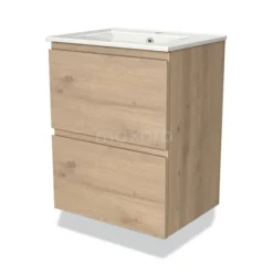 Modulo Slim Badkamermeubel Met Wastafel | 50 Cm Lichtbruin Eiken Greeploos Front Keramiek 2 Lades Onder Elkaar