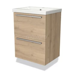 Modulo Slim Badkamermeubel Met Wastafel | 50 Cm Lichtbruin Eiken Vlak Front Keramiek 2 Lades Onder Elkaar