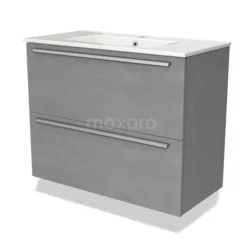 Modulo Slim Badkamermeubel Met Wastafel | 80 Cm Lichtgrijs Beton Vlak Front Keramiek 2 Lades Onder Elkaar