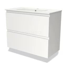 Modulo Slim Badkamermeubel Met Wastafel | 80 Cm Mat Wit Greeploos Front Keramiek 2 Lades Onder Elkaar