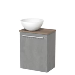 Toiletmeubel Met Waskom Mineraalmarmer Modulo Lichtgrijs Beton Vlak 41 Cm Middenbruin Eiken Blad