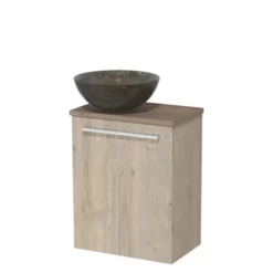 Toiletmeubel Met Waskom Natuursteen Modulo Lichtgrijs Eiken Vlak 41 Cm Middenbruin Eiken Blad