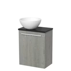 Toiletmeubel Met Waskom Solid Surface Modulo Grijs Eiken Vlak 41 Cm Mat Zwart Blad