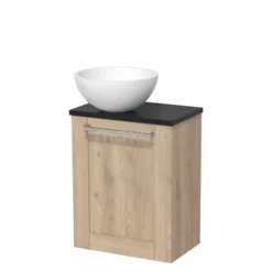 Toiletmeubel Met Waskom Solid Surface Modulo Lichtbruin Eiken Kader 41 Cm Mat Zwart Blad
